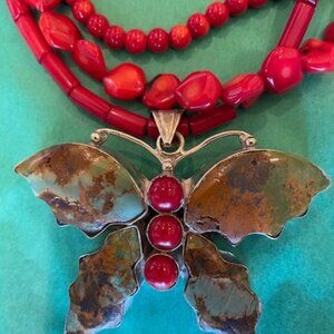 Fabulous jade, coral and silver butterfly with 3-strand coral beads